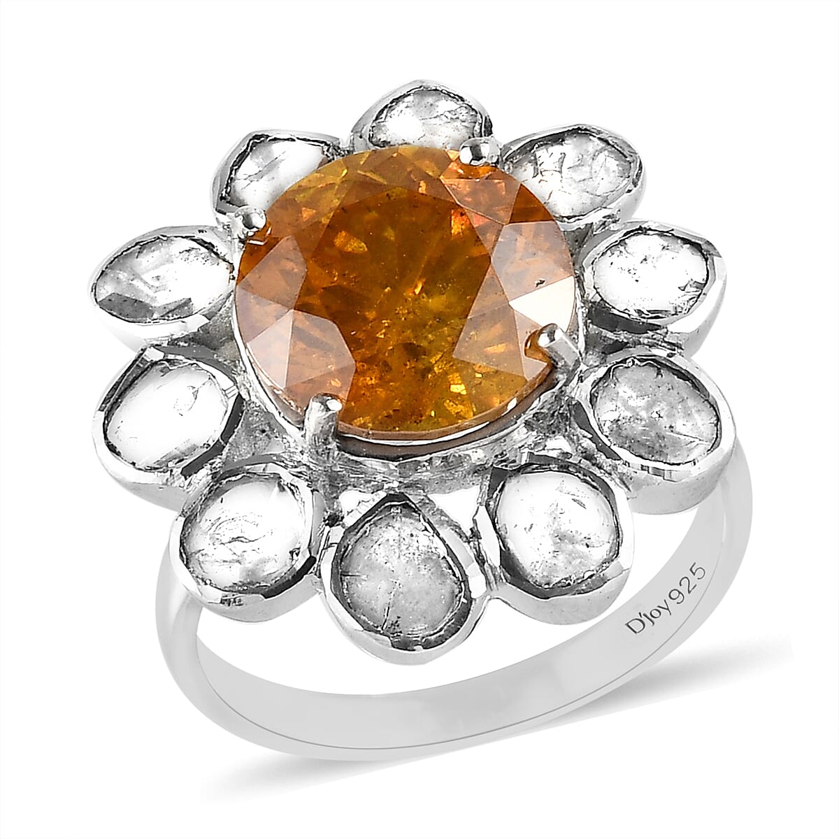 Picos Altos Light Orange Sphalerite and Polki Diamond Floral Ring in Platinum Over Sterling Silver 5.90 ctw