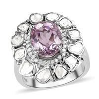 TLV Premium Martha Rocha Kunzite (Ovl 10x8 mm), Polki Diamond, Diamond (0.90 cts) Cocktail Ring in Platinum Over Sterling Silver (Size 10.0) 4.50 ctw