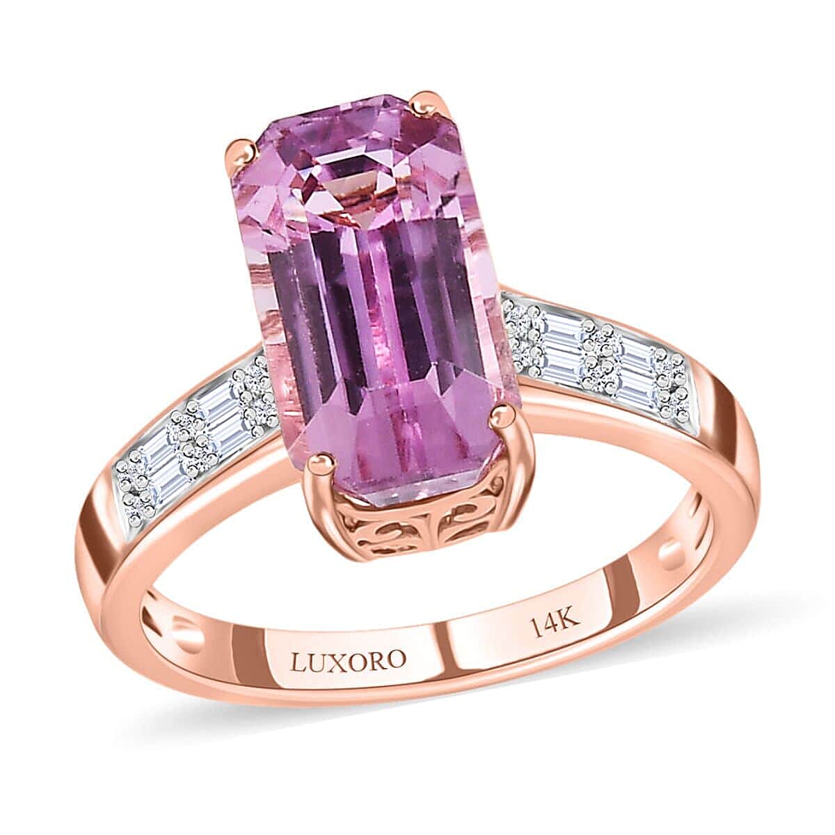 Luxoro 14K Rose Gold AAA Patroke Kunzite and G-H I2 Diamond Ring 7.35 ctw