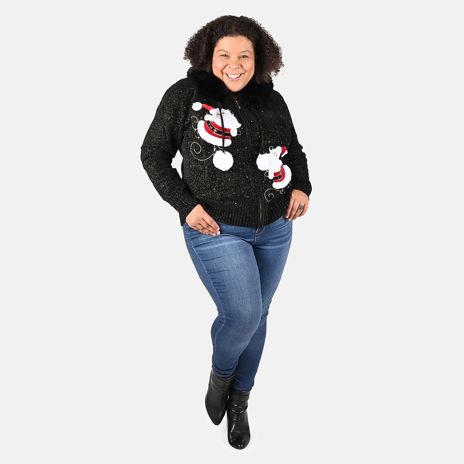 TAMSY Black Santa Christmas Sweater with Removable Fur Trim - S