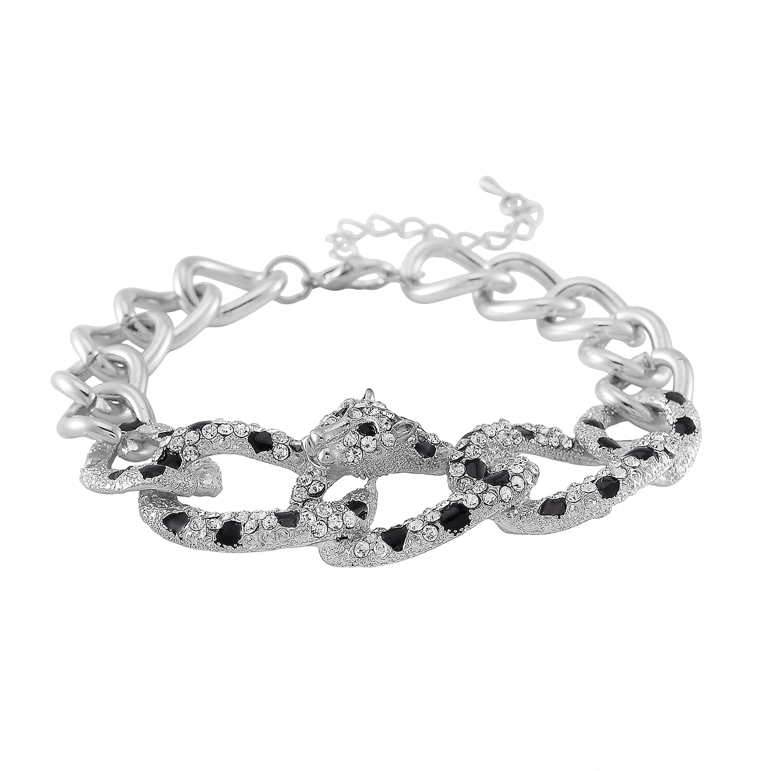 Black and White Austrian Crystal and Enameled Cuban Link Chain Bracelet in Silvertone (8.0-10In)