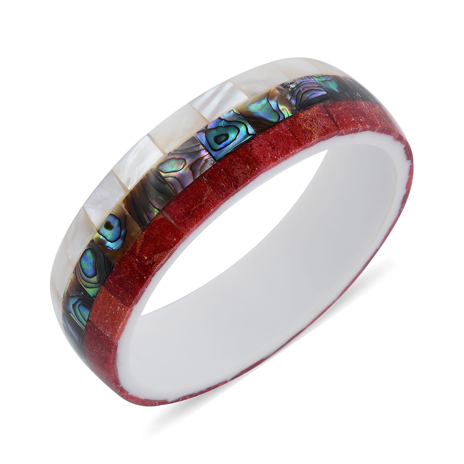 MOP, Abalone and Coral Shell Inlay With White Resin Bangle Bracelet (7.50 in)