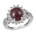 Indian Star Ruby and Natural White Zircon Sunburst Ring in Platinum Over Sterling Silver 5.75 ctw - Sticky add to cart bar