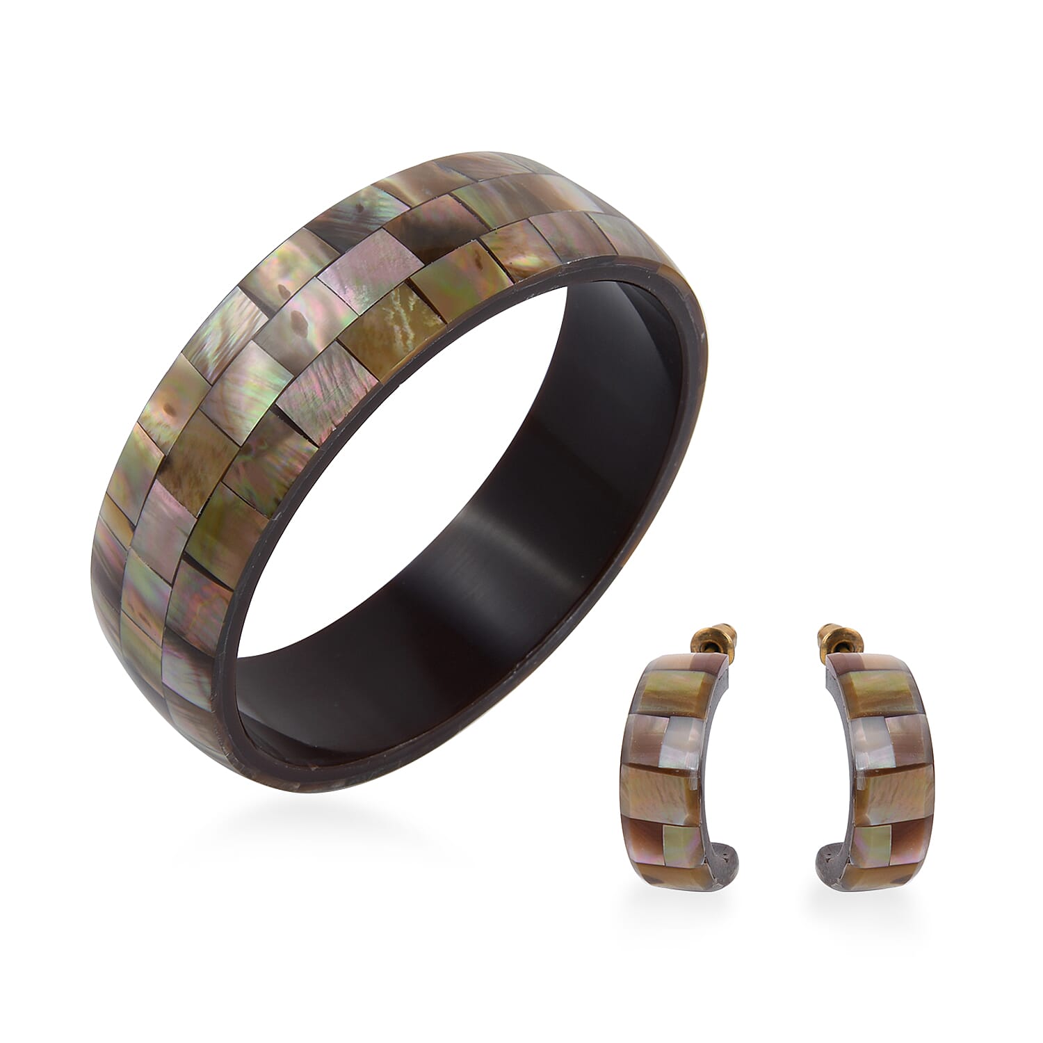 Handcrafted Mabe shell Inlay With Dark Brown Inner Resin Bangle Bracelet (7.50 in) and Earrings in Silvertone