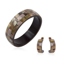 Handcrafted Mabe shell Inlay With Dark Brown Inner Resin Bangle Bracelet (7.50 in) and Earrings in Silvertone