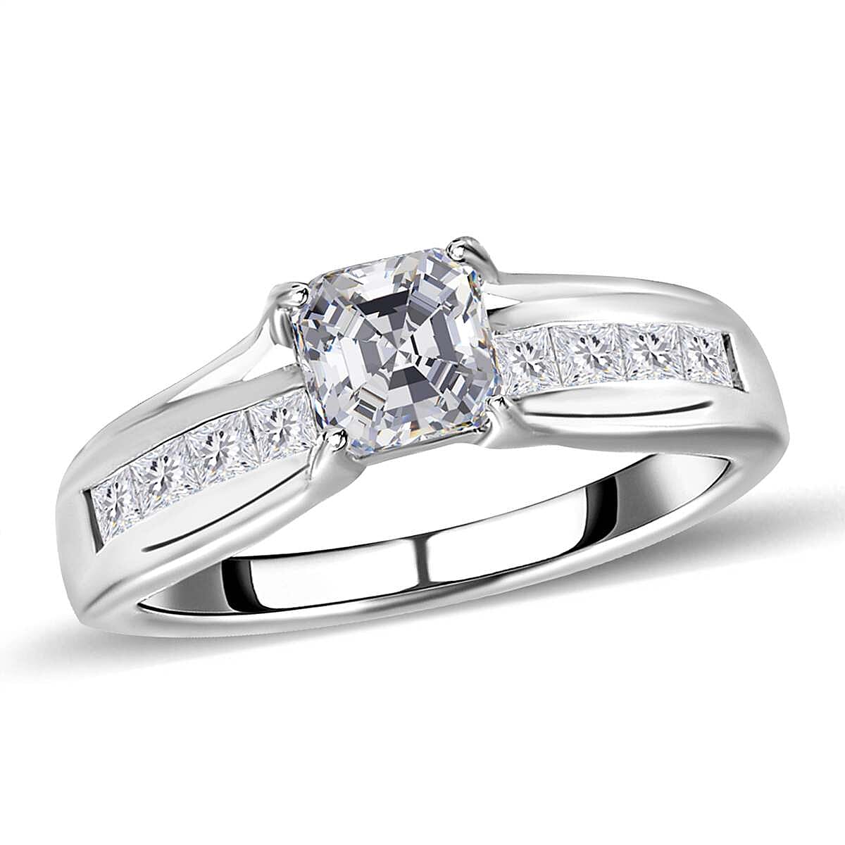 Moissanite (Asscher Cut 5x5mm) Ring in Platinum Over Sterling Silver (Size 5.5) 1.10 ctw