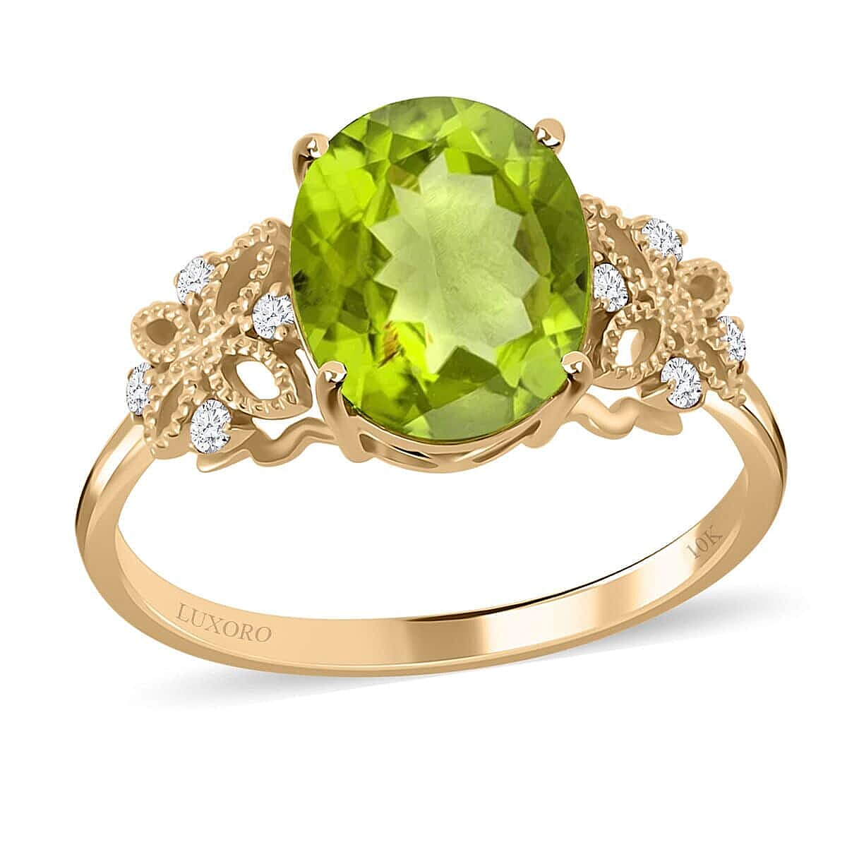 Certified and Appraised Luxoro 10K Yellow Gold AAA Peridot and G-H SI Diamond Ring 4.20 ctw