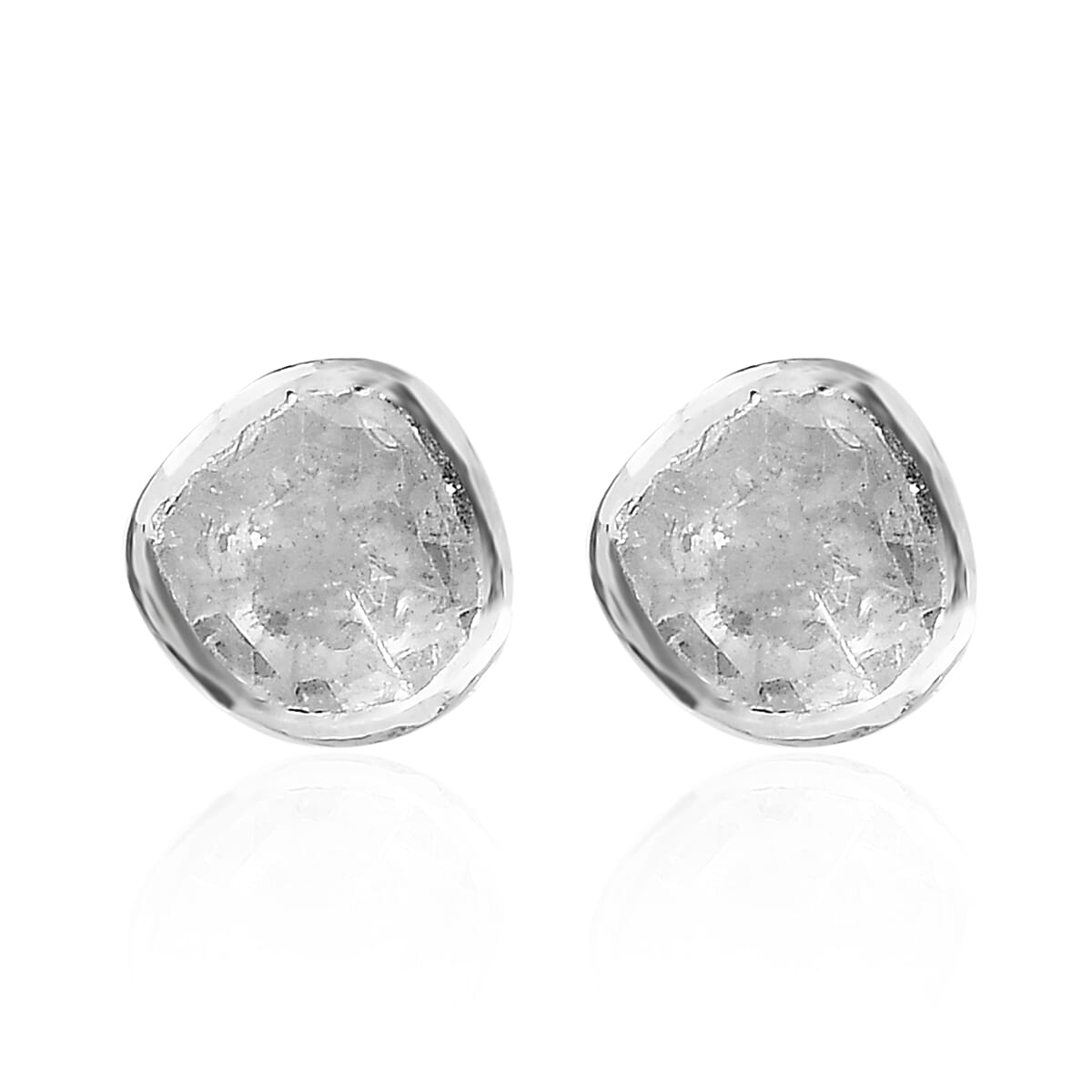 Polki Diamond Soft Cushion Solitaire Stud Earrings in Platinum Over Sterling Silver