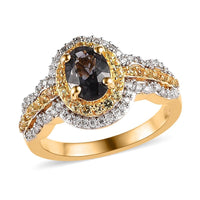 Premium Tanzanian Platinum Spinel, Multi Gemstone Double Halo Ring in Rhodium and Vermeil Yellow Gold Over Sterling Silver 1.40 ctw