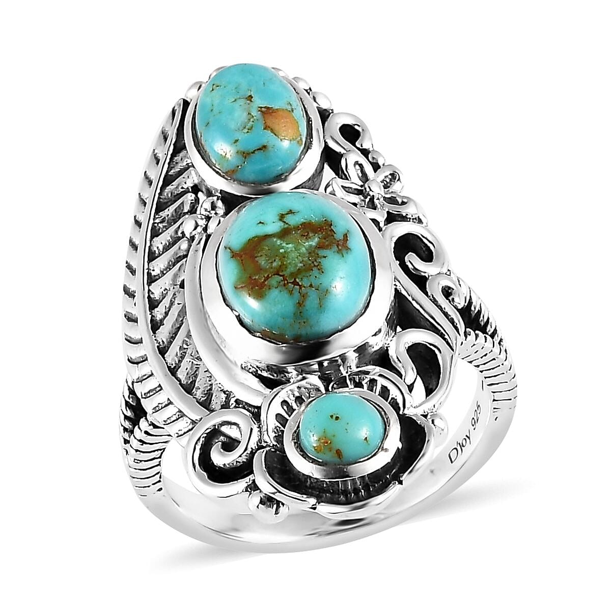 Artisan Crafted Royston Turquoise 3 Stone Ring in Sterling Silver 3.15 ctw