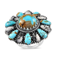 Artisan Crafted Royston Turquoise and White Buffalo Floral Ring in Sterling Silver 16.65 ctw