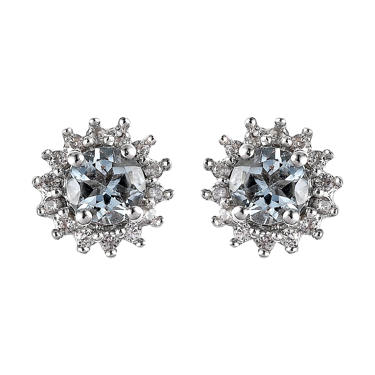 D'Joy Premium Mangoro Aquamarine and White Zircon Sunburst Stud Earrings in Platinum Over Sterling Silver 1.25 ctw