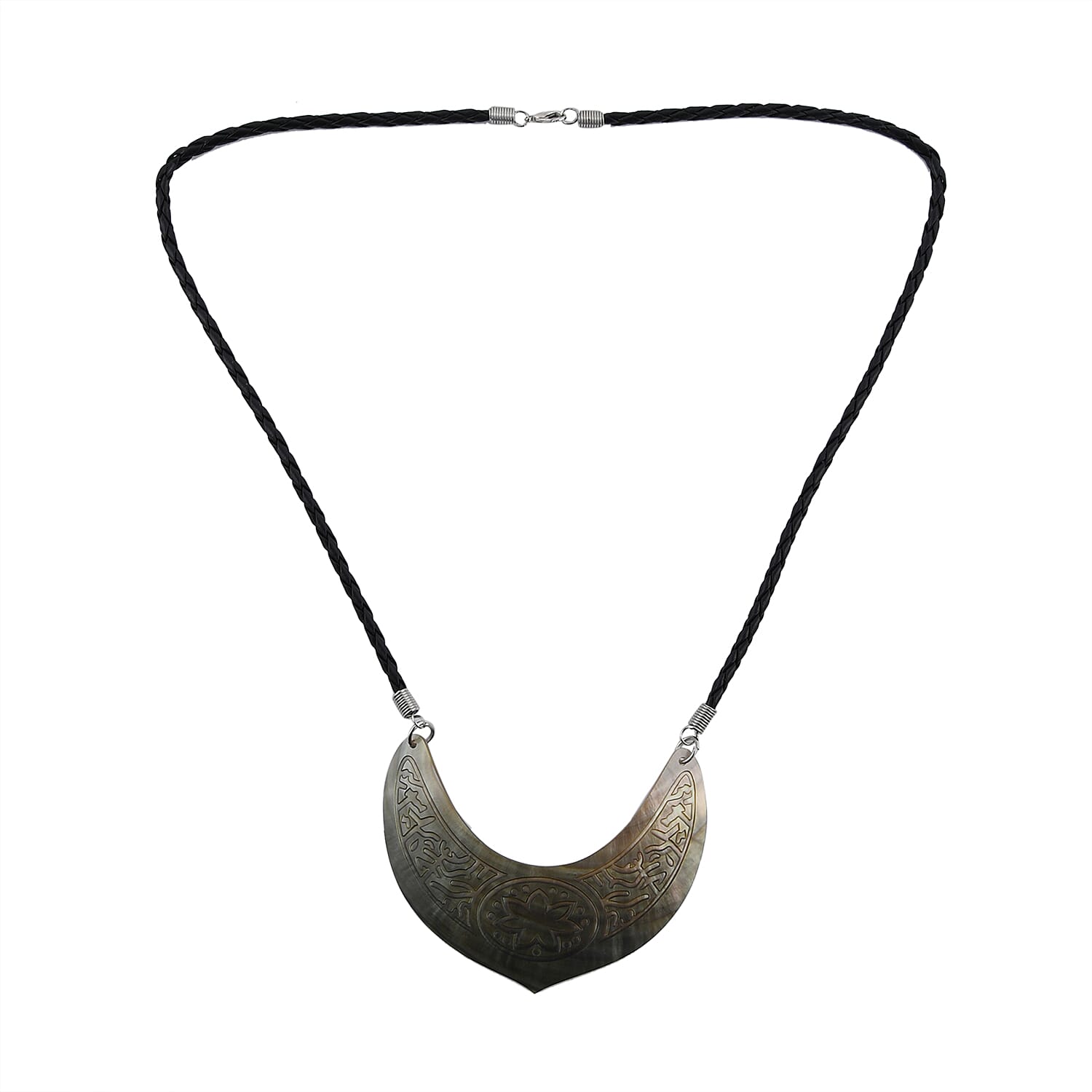 Brown Shell Flower Carving and Black Suede String Necklace 26 Inches