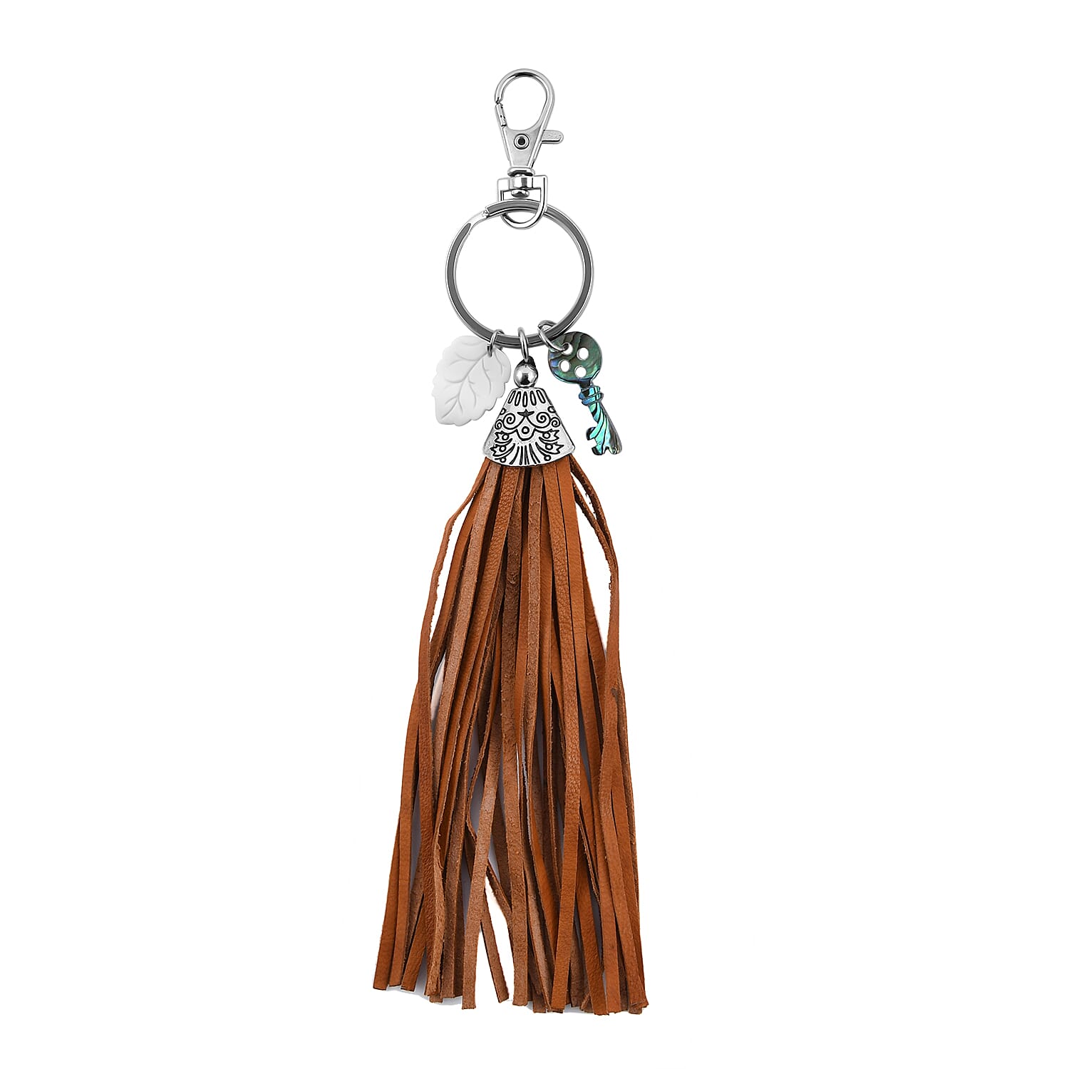 Carved Bone Leaf, Abalone Shell Key and Leather Tassel Charms Keychain in Stainless Steel