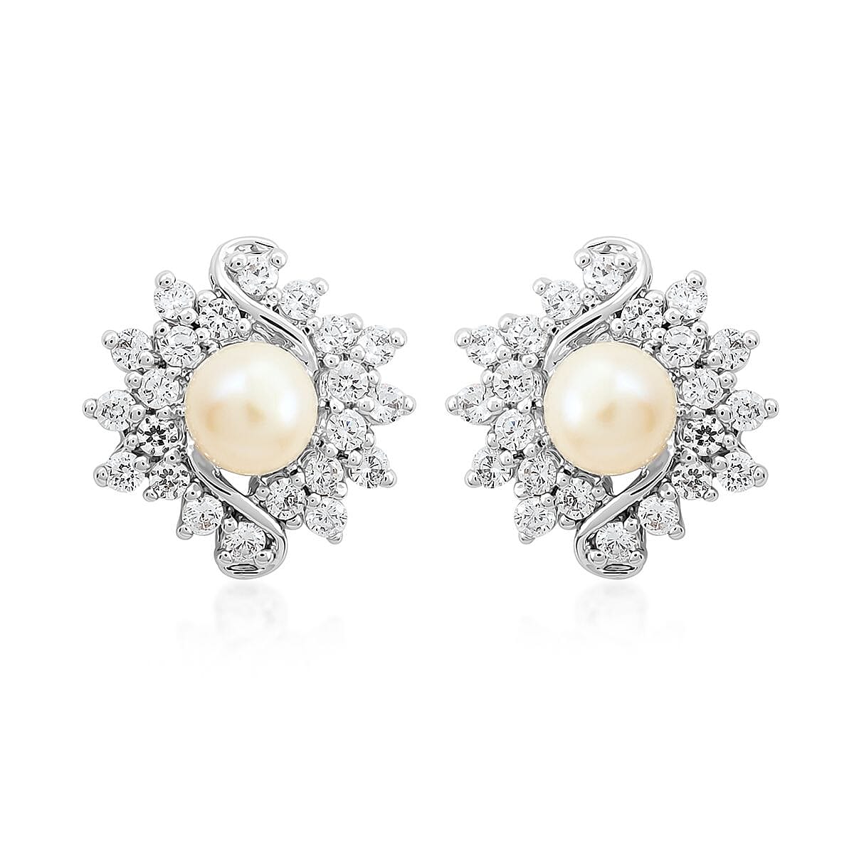 Freshwater Pearl and Simulated Diamond Earrings in Silvertone 0.40 ctw
