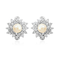 Freshwater Pearl and Simulated Diamond Earrings in Silvertone 0.40 ctw