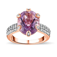 Rose De France Amethyst, White Zircon Ring in 14K RG Over Sterling Silver (Size 11.5) 6.30 ctw