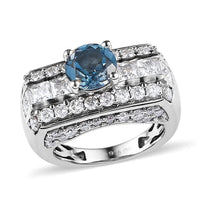 GP Art Deco Collection Premium London Blue Topaz and Moissanite Ring in Platinum Over Sterling Silver 3.50 ctw