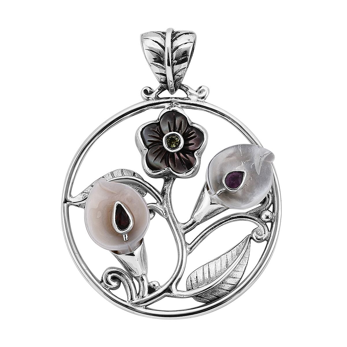 Sajen Silver Mother of Pearl and Multi Gemstone Floral Pendant in Sterling Silver 0.65 ctw