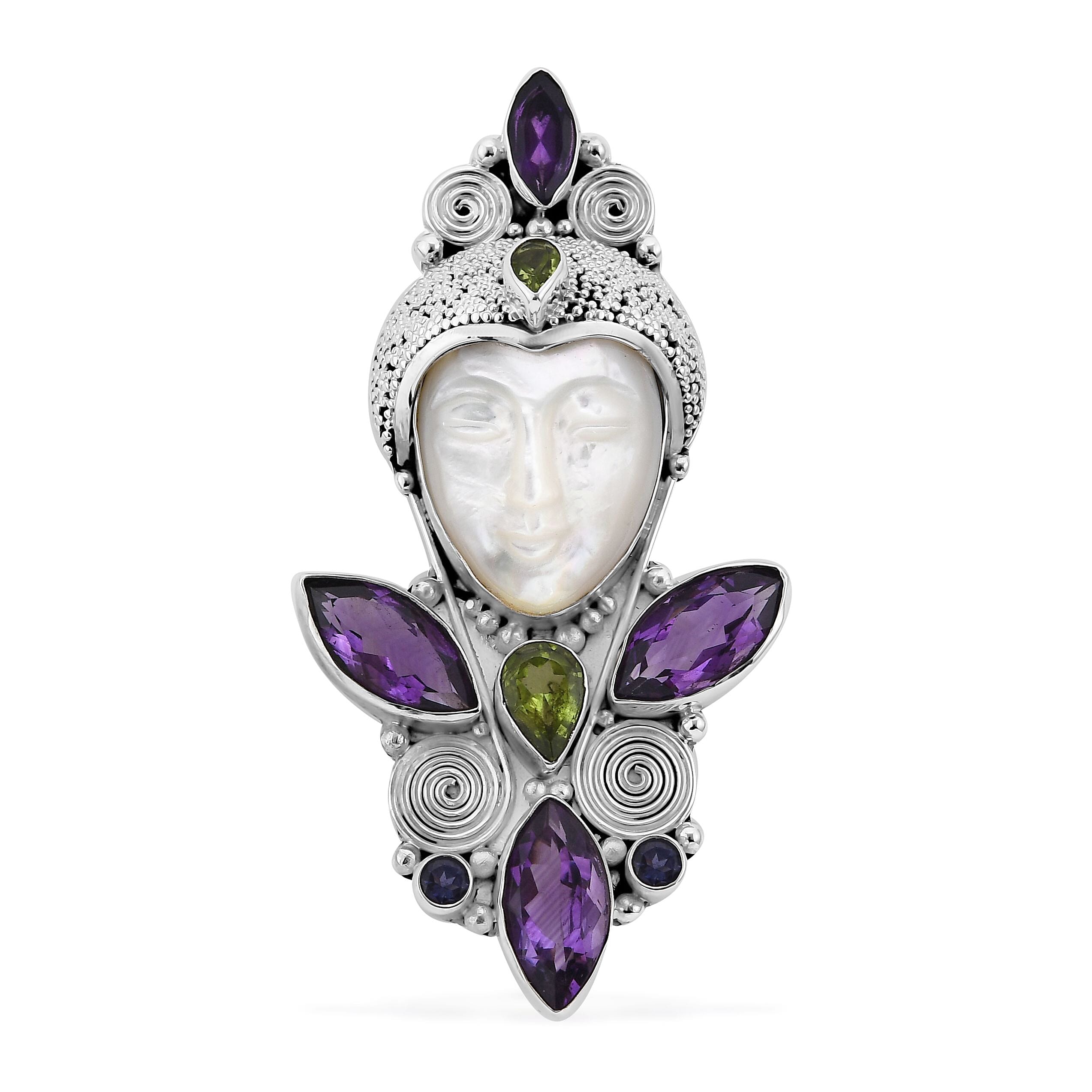 Sajen Silver Mother Of Pearl Carved and Multi Gemstone Pendant in Sterling Silver 13.00 ctw