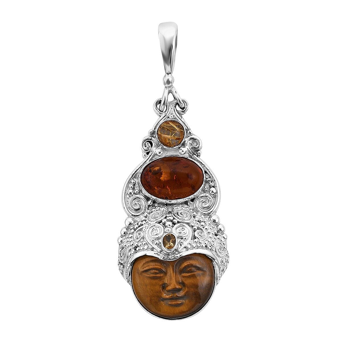Sajen Silver Tigers Eye Carved and Multi Gemstone Pendant in Sterling Silver 12.70 ctw