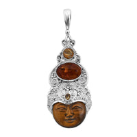 Sajen Silver Tigers Eye Carved and Multi Gemstone Pendant in Sterling Silver 12.70 ctw