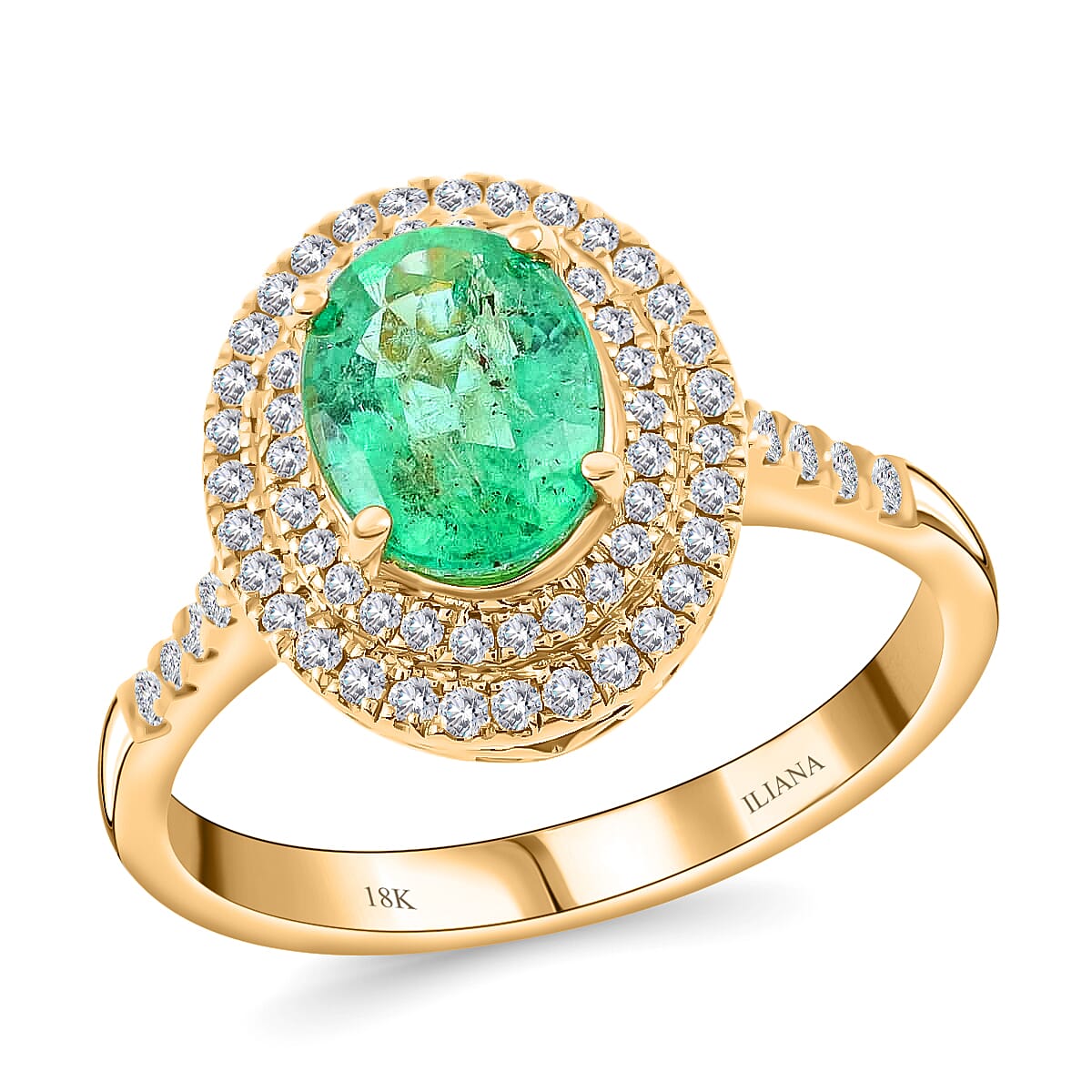 ILIANA 18K Yellow Gold AAA Kagem Zambian Emerald and G-H SI Diamond Halo Ring 4.39 Grams 1.50 ctw