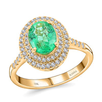 ILIANA 18K Yellow Gold AAA Kagem Zambian Emerald and G-H SI Diamond Halo Ring 4.39 Grams 1.50 ctw