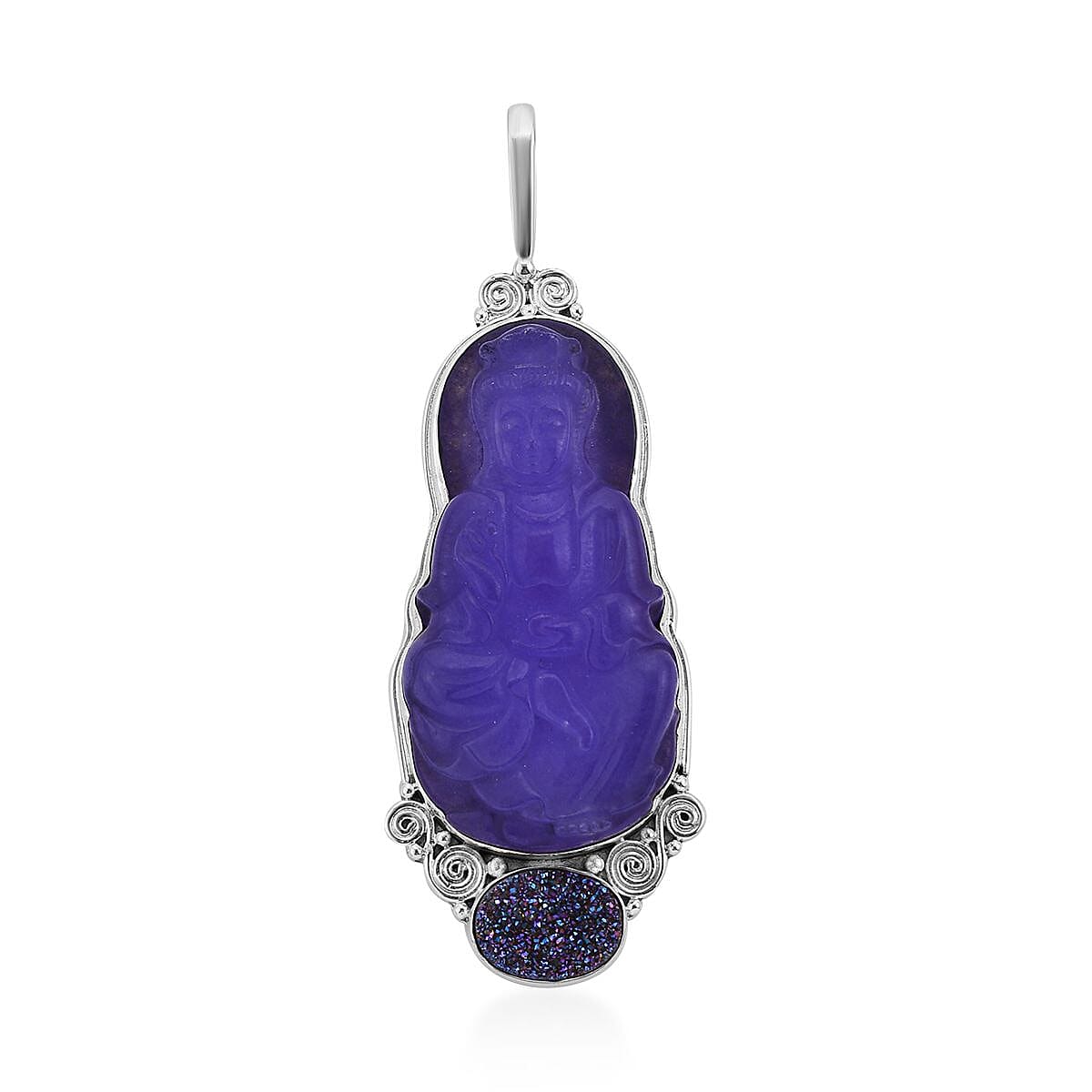 Sajen Silver Purple Jade Carved and Drusy Quartz Pendant in Sterling Silver 132.10 ctw