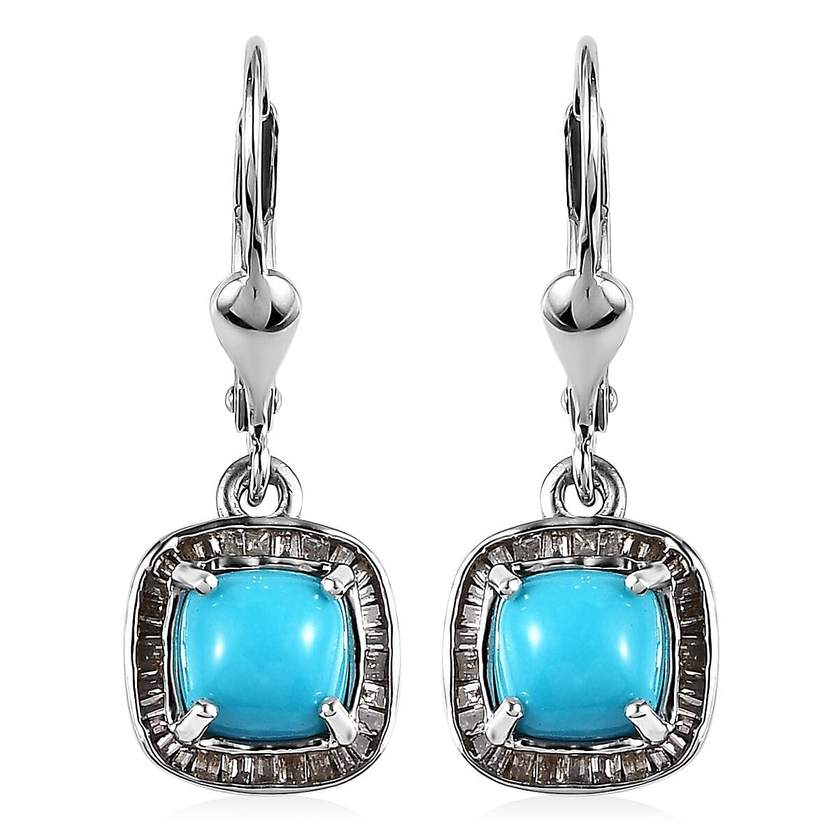 Sleeping Beauty Turquoise and Natural Champagne Diamond Lever Back Earrings in Platinum Over Sterling Silver 2.25 ctw