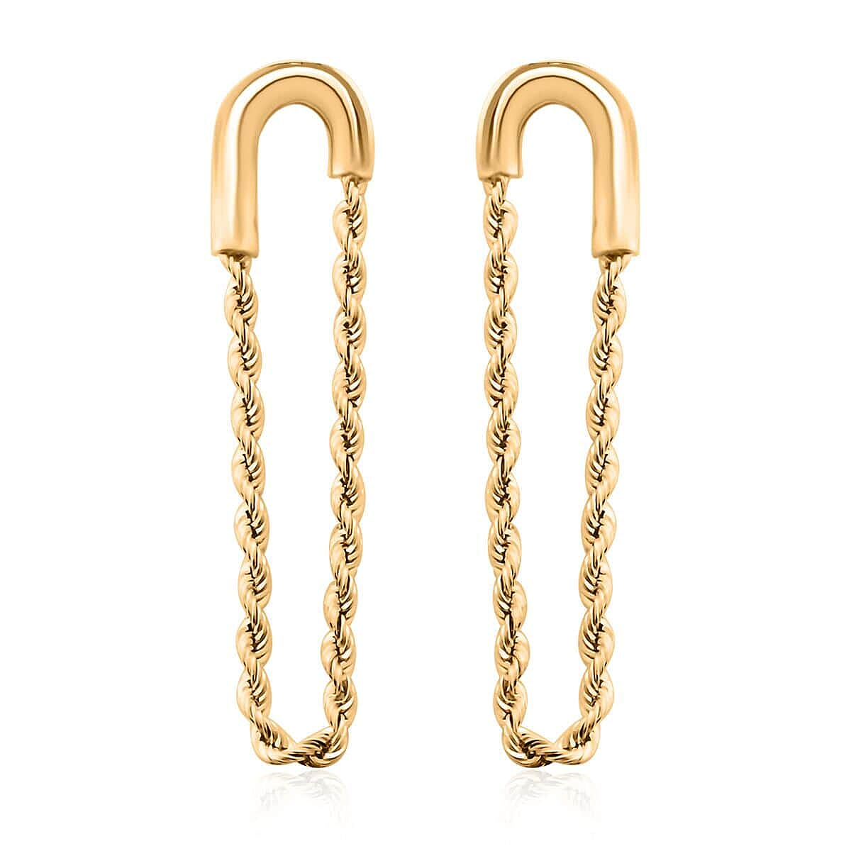 14K Yellow Gold Safety Pin Diamond-Cut Rope Chain Dangling Earrings 1.50 Grams