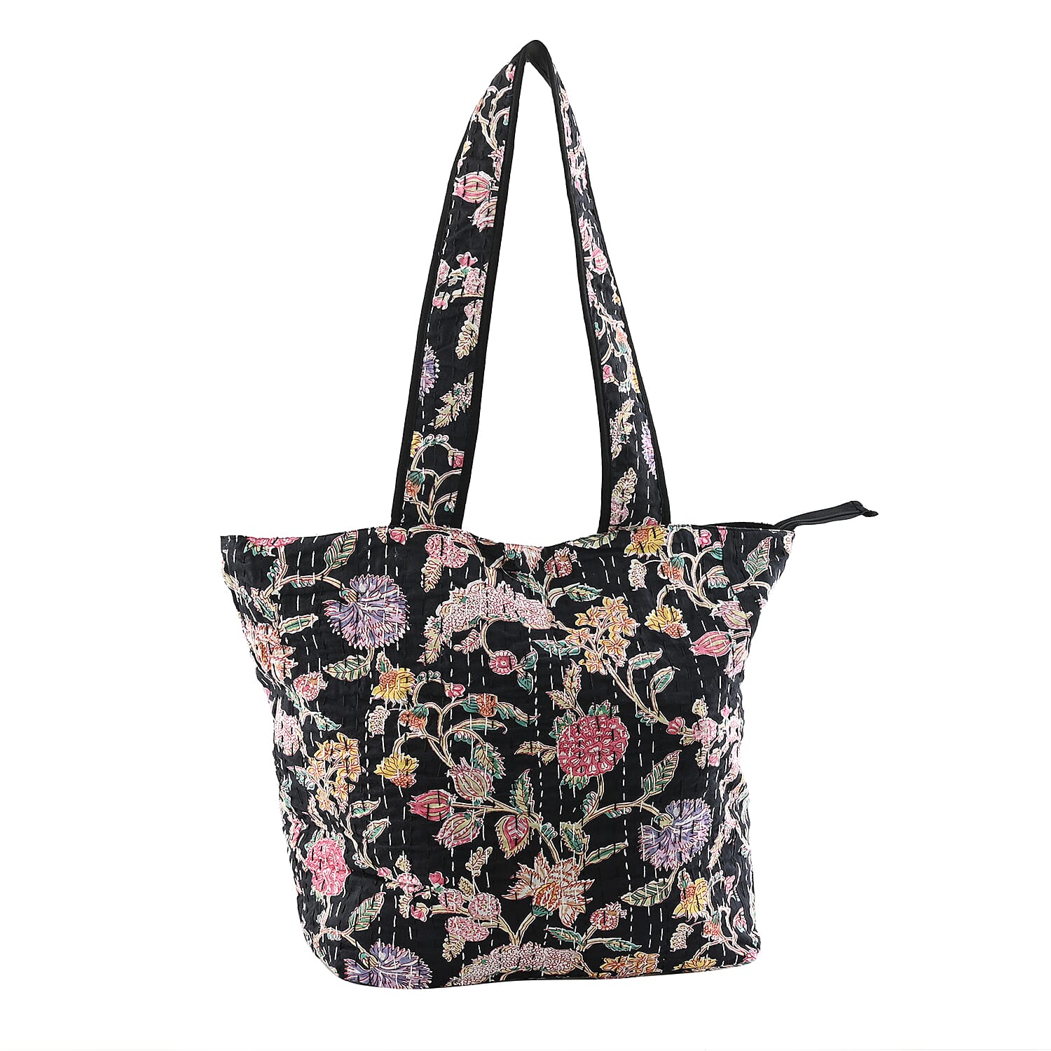 Black Floral Printed 100% Cotton Kantha Tote Bag (14"x18.5")