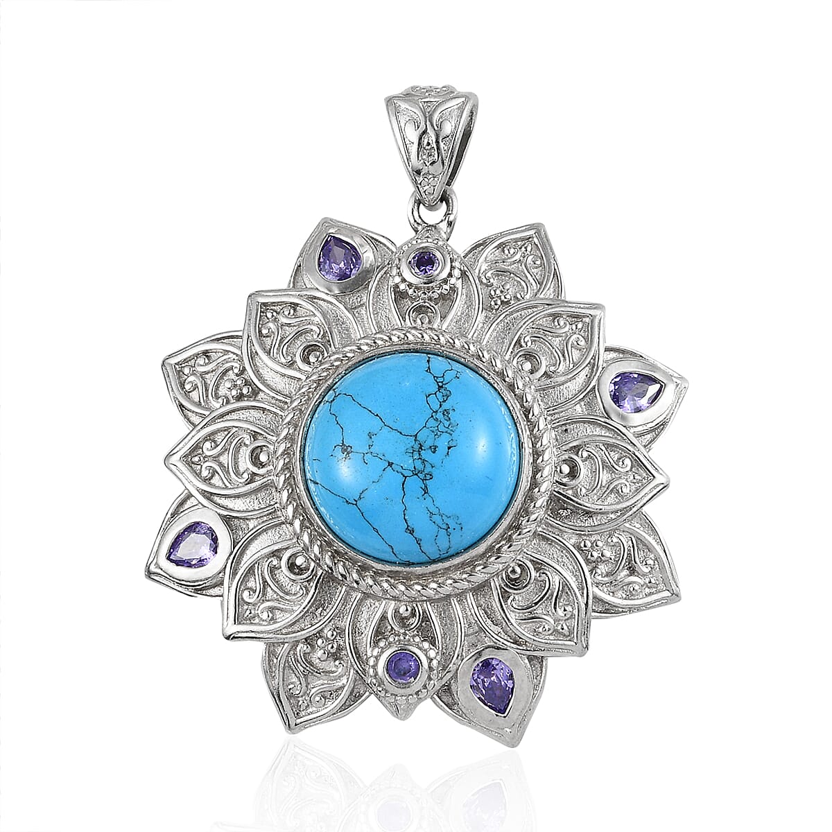 KARIS Blue Howlite, Simulated Amethyst Diamond Floral Pendant in Platinum Bond 7.65 ctw