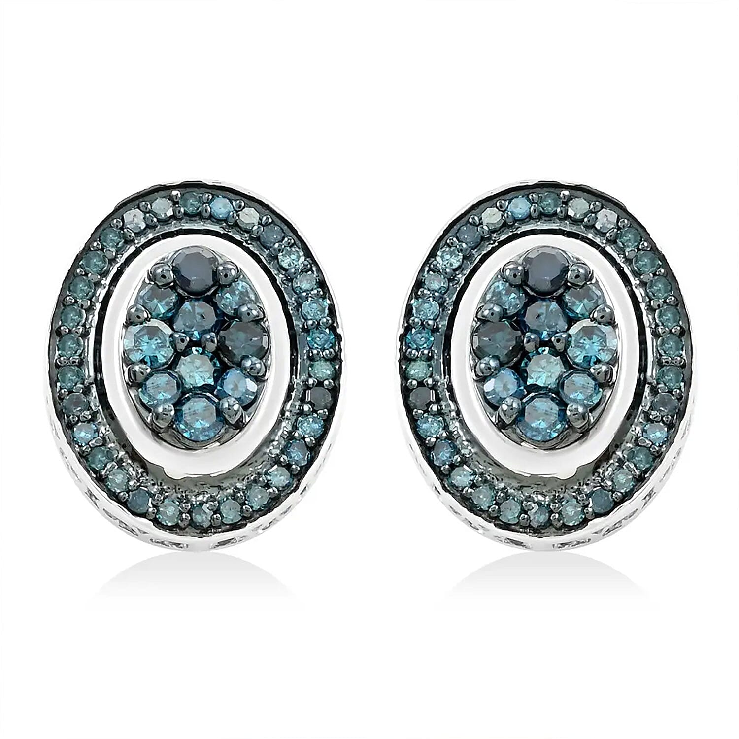Blue Diamond Cluster Stud Earrings in Platinum Over Sterling Silver 1.00 ctw