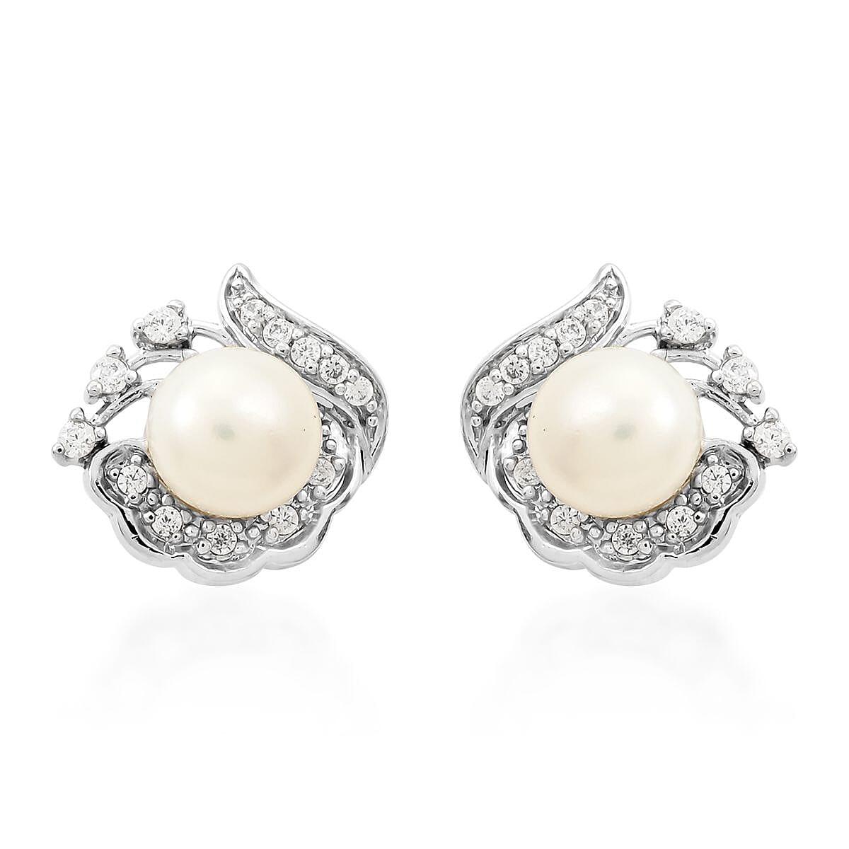 Freshwater Pearl and Simulated Diamond Earrings in Silvertone 0.15 ctw