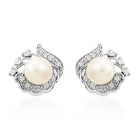 Freshwater Pearl and Simulated Diamond Earrings in Silvertone 0.15 ctw