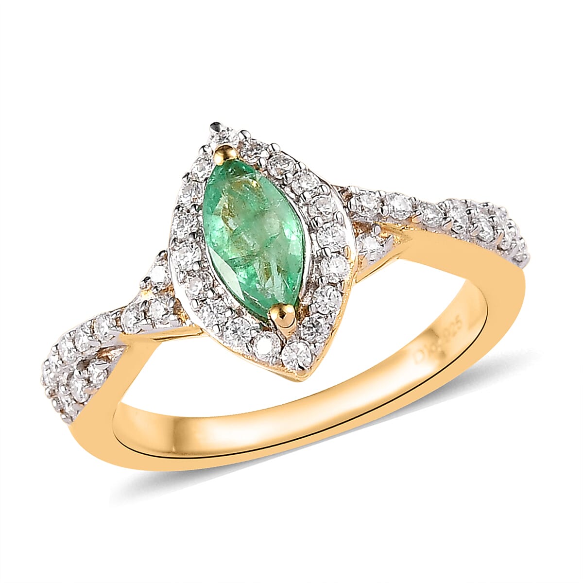 Ethiopian Emerald and Moissanite Halo Ring in Vermeil Yellow Gold Over Sterling Silver 0.70 ctw