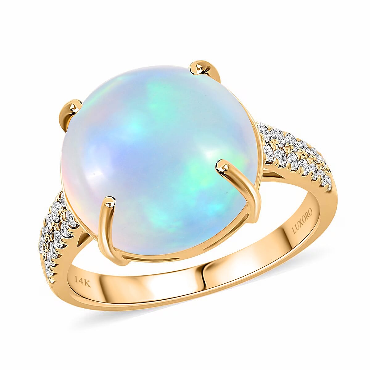 Certified & Appraised Luxoro 14K Yellow Gold AAA Ethiopian Welo Opal and G-H I2 White Diamond Ring 6.10 ctw