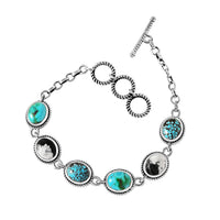 D'Joy Artisan Crafted Royston Turquoise, Blue Moon Turquoise and White Buffalo Toggle Clasp Bracelet in Sterling Silver (7.25 In) 16.50 ctw