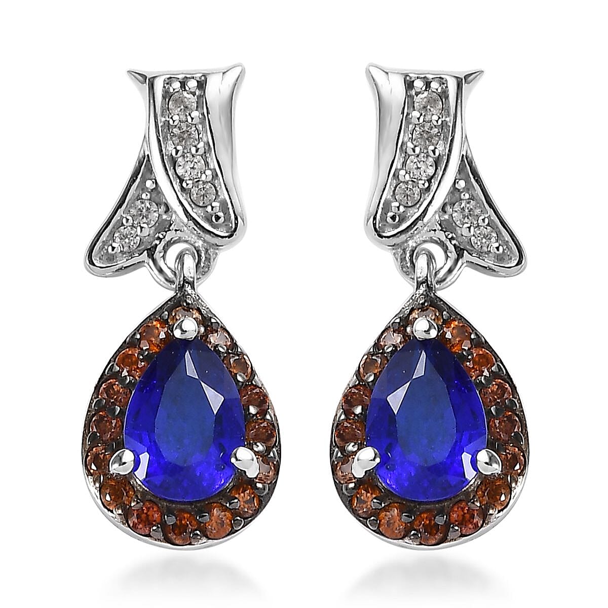 Tanzanian Blue Spinel (DF), Brown and White Zircon 1.40 ctw Drop Earrings in Platinum Over Sterling Silver
