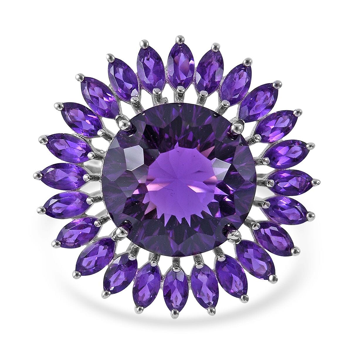 120 Facets African Amethyst Sunflower Ring in Platinum Over Sterling Silver 13.50 ctw