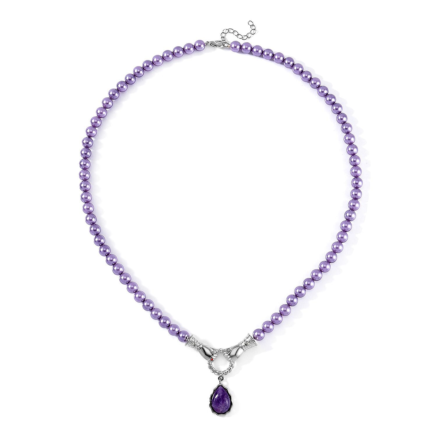 African Amethyst, Purple Shell Pearl, Red and White Austrian Crystal Necklace 24-26 Inches in Silvertone 4.00 ctw