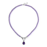 African Amethyst, Purple Shell Pearl, Red and White Austrian Crystal Necklace 24-26 Inches in Silvertone 4.00 ctw