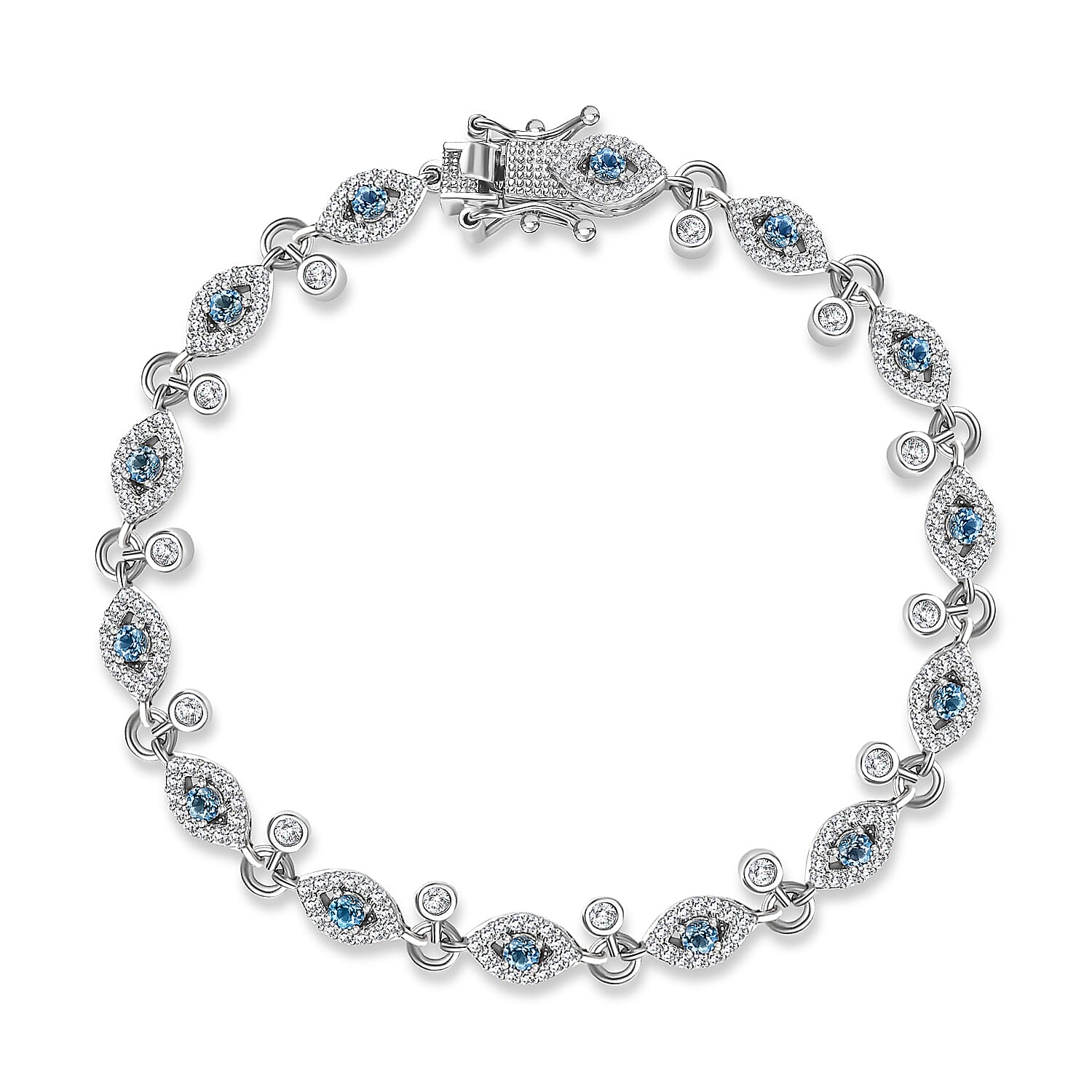 Blue Topaz and White Zircon Bracelet in Platinum Over Sterling Silver (7.25 In) 3.70 ctw