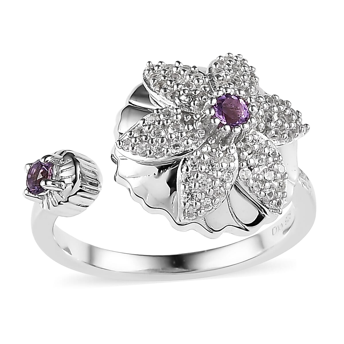 Rose De France Amethyst and White Zircon Floral Open Band Ring in Platinum Over Sterling Silver 0.60 ctw