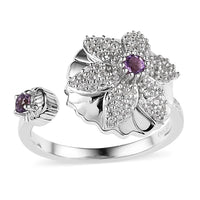 Rose De France Amethyst and White Zircon Floral Open Band Ring in Platinum Over Sterling Silver 0.60 ctw