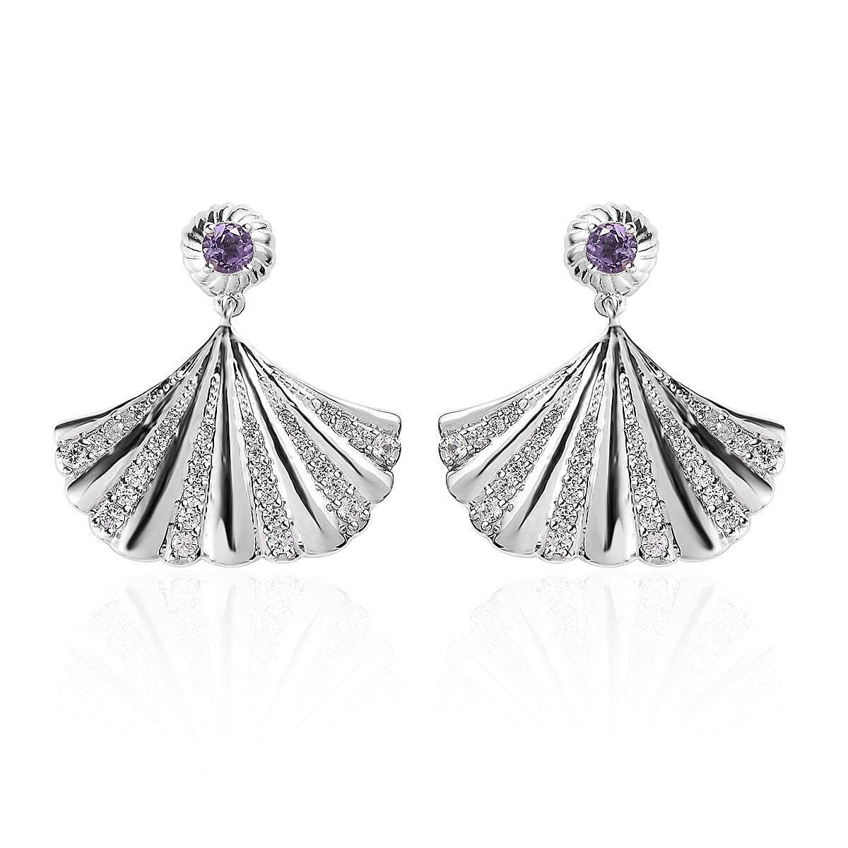 Rose De France Amethyst and White Zircon Seashell Statement Earrings in Platinum Over Sterling Silver 1.35 ctw