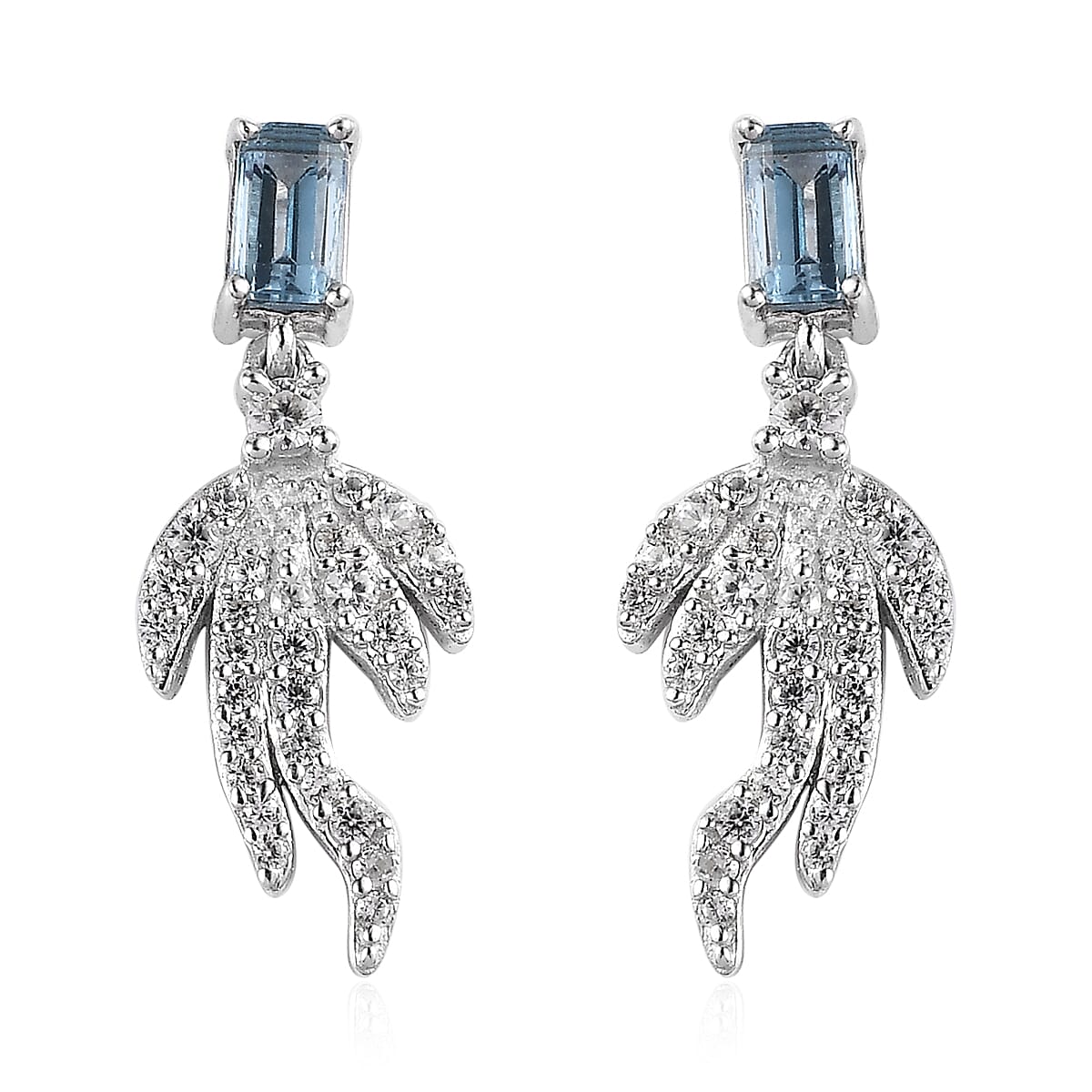 Blue Topaz and White Zircon Earrings in Platinum Over Sterling Silver 1.35 ctw