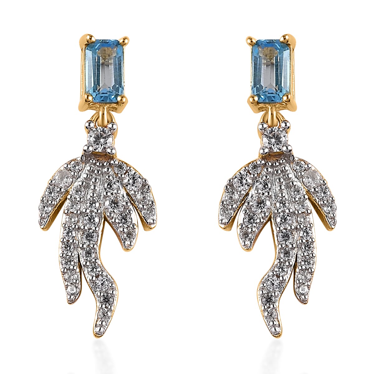 Blue Topaz and White Zircon Earrings in Platinum Over Sterling Silver 1.35 ctw