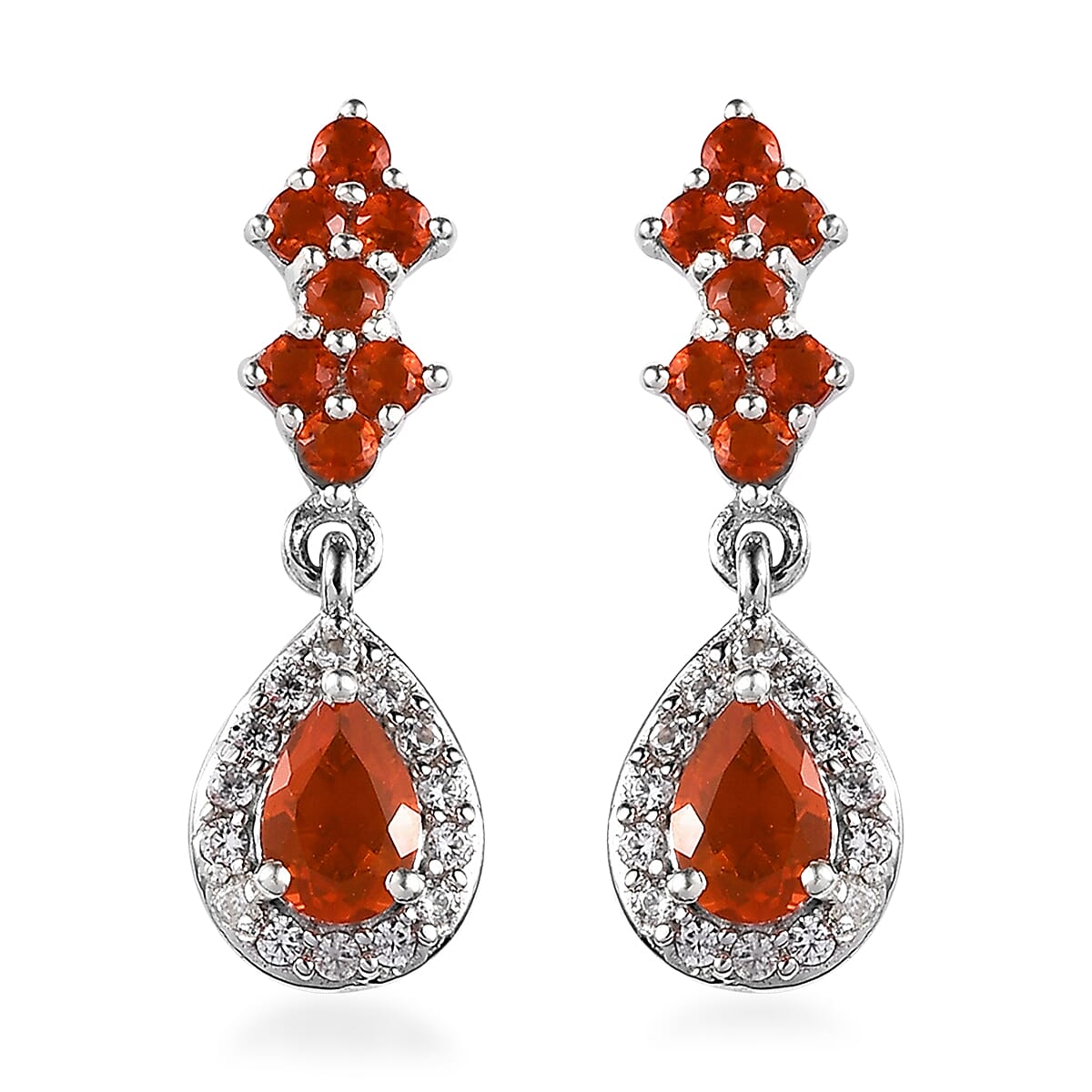 Mexican Fire Opal and White Zircon Dangling Earrings in Platinum Over Sterling Silver 1.25 ctw